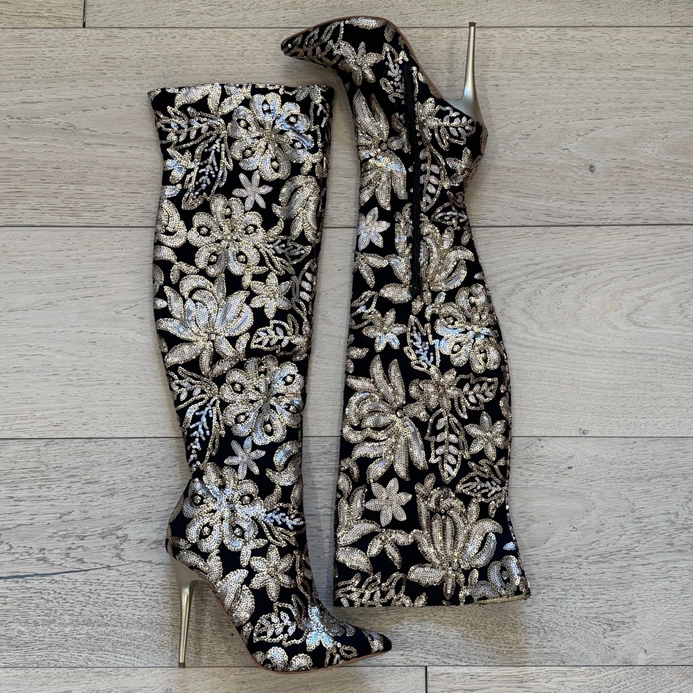 Shoe Republic LA Gold & Black Sequin Over-The-Knee Boots - Picture 8 of 11